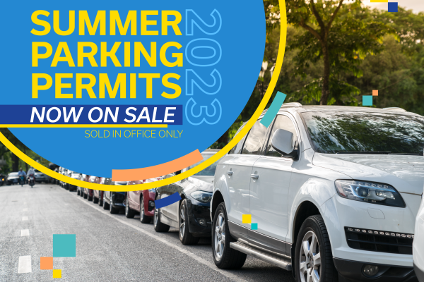 Image of a line of parked cars with graphic text saying "Summer Parking Permits - Now on Sale"