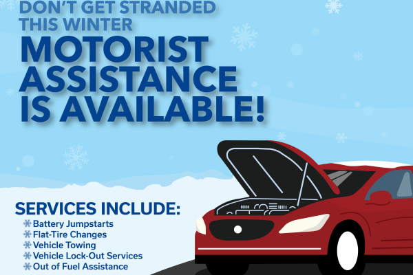 Text:Don't get stranded this winter, Motorist assistance is available. Includes services. Featured with a car in the snow