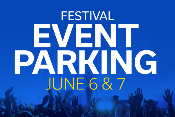 Image depicting a crowd of people at a festival with text reading "Festival Event Parking" June 6& 7