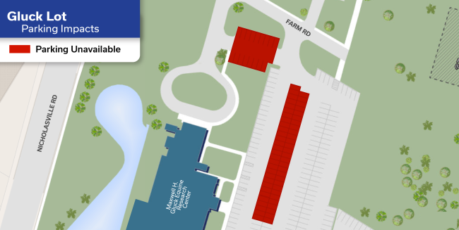 Image of a map of the Gluck Lot with red areas indicating the unavailable parking spaces. 