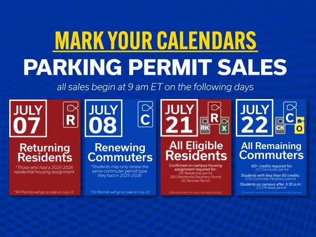 Blue background with text reading "mark your calendars Parking permit sales, all sales begin at 9am ET on the following Days: July 7,8,21 &22