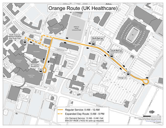 Map of campus with the orange route highlighted