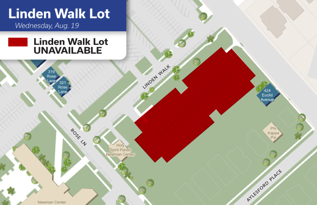 Linden Walk Lot - unavailable on Wednesday, August 19, for a K-week event.