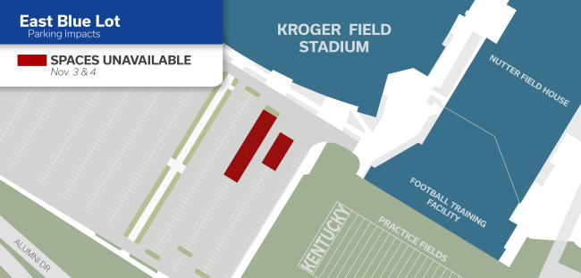 Aerial shot of East Blue Lot with 50 spaces reserved for a UKHC hiring event on Nov. 3-4