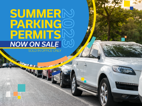 Image of a line of parked cars with graphic text saying "Summer Parking Permits - Now on Sale"