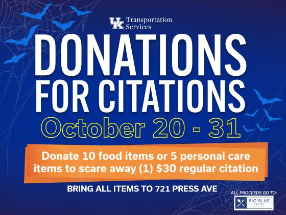Blue background with white writing "Donations for Citations October 20-31, donate 10 food items or 5 personal care items to scar away (1) $30 citation