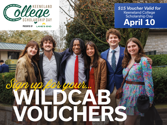 Photo of a group of students at College Scholarship Day, with large letters reading "SIgn up for your Wildcab Vouchers"